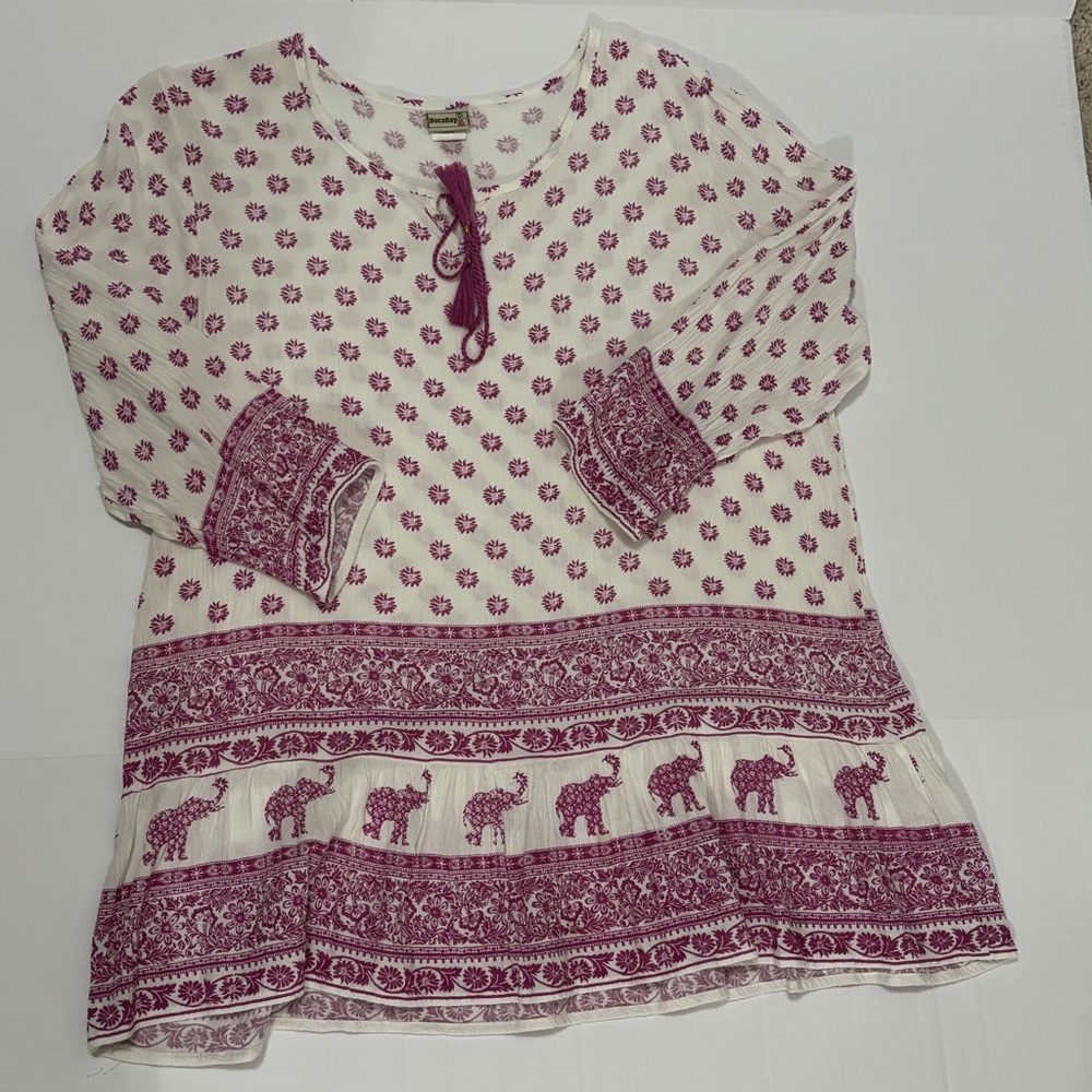 Boho Bocabay Ladies Size L Lightweight 3/4 Sleeve Top Tassel Tie Elephants